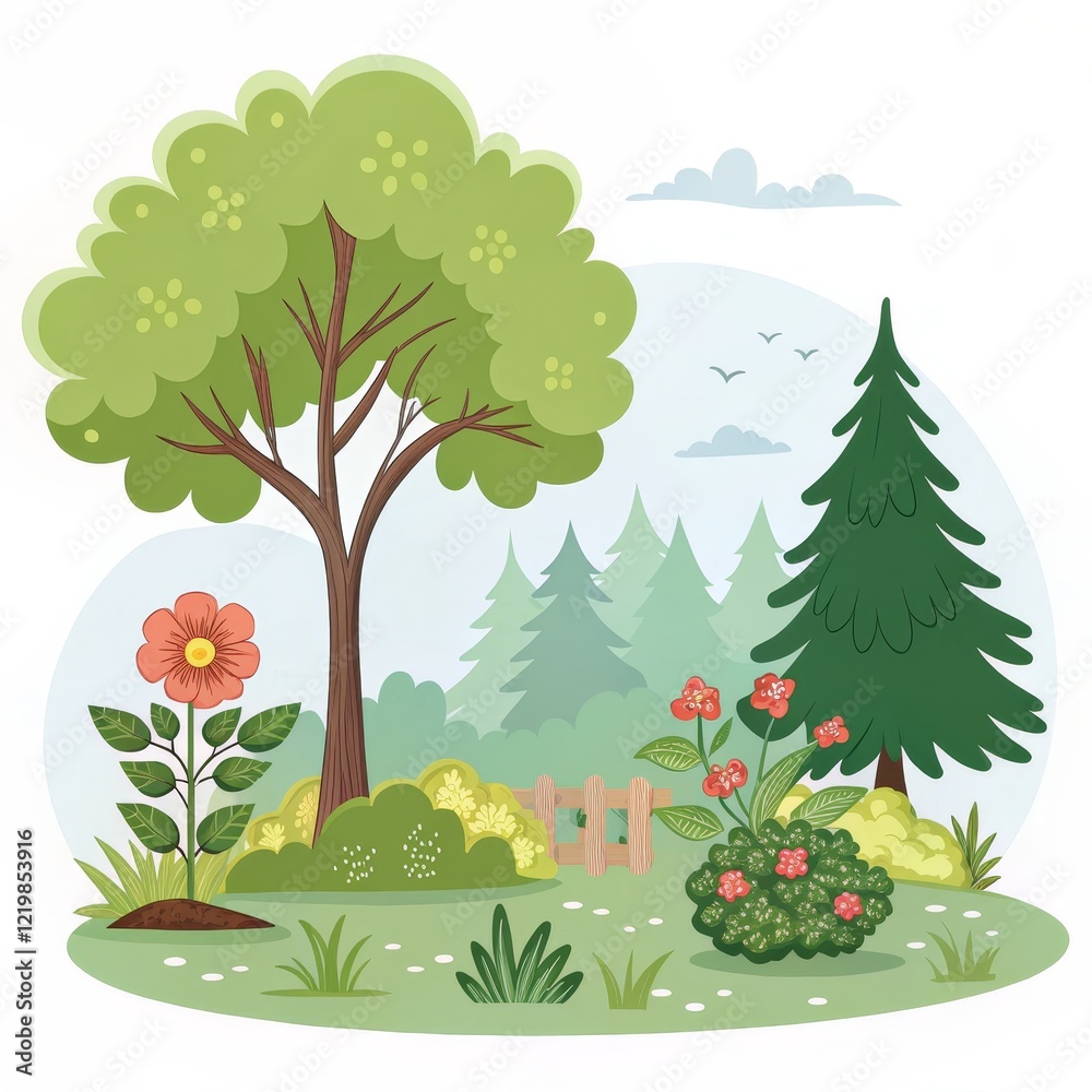 Fototapeta premium Whimsical Spring Garden Illustration Deciduous and Coniferous Trees, Flowers, Flat Design, Nature Scene, Vector Art, Landscape, Cartoon Keywords Spring