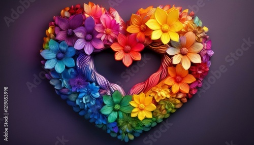 Generated image A vibrant heart-shaped wreath made of flowers in all the colors of the rainbow