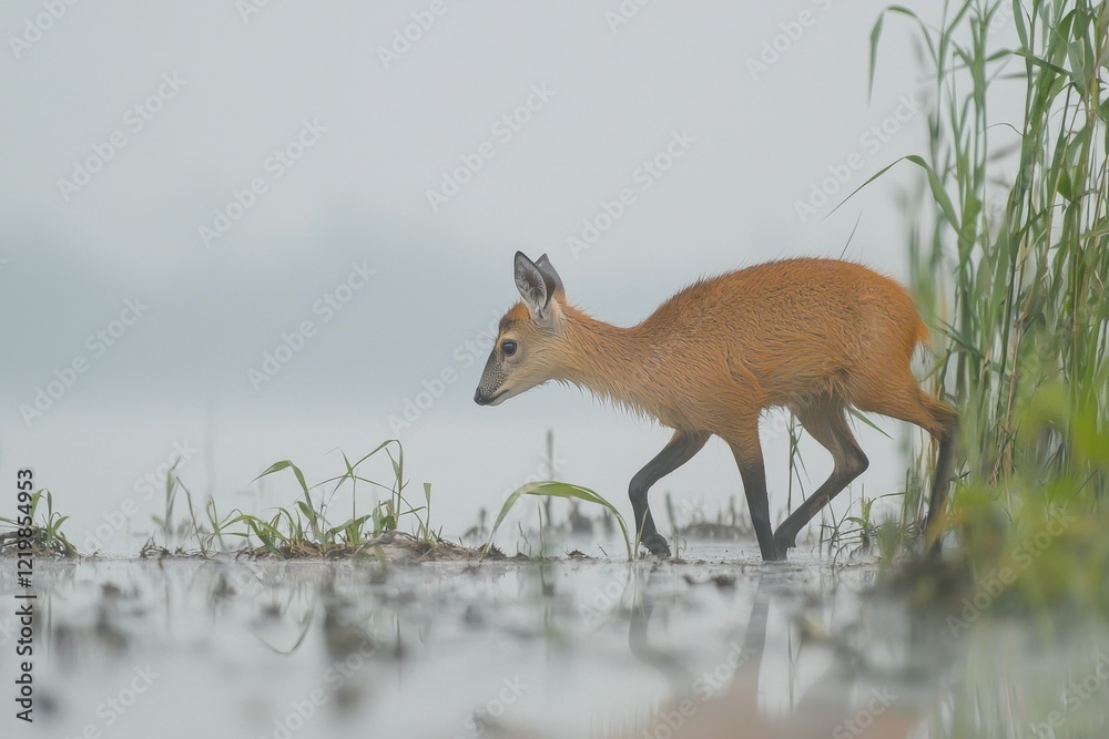 Obraz premium A Chinese water deer cautiously approaching a tranquil lake in the misty morning of eastern China.