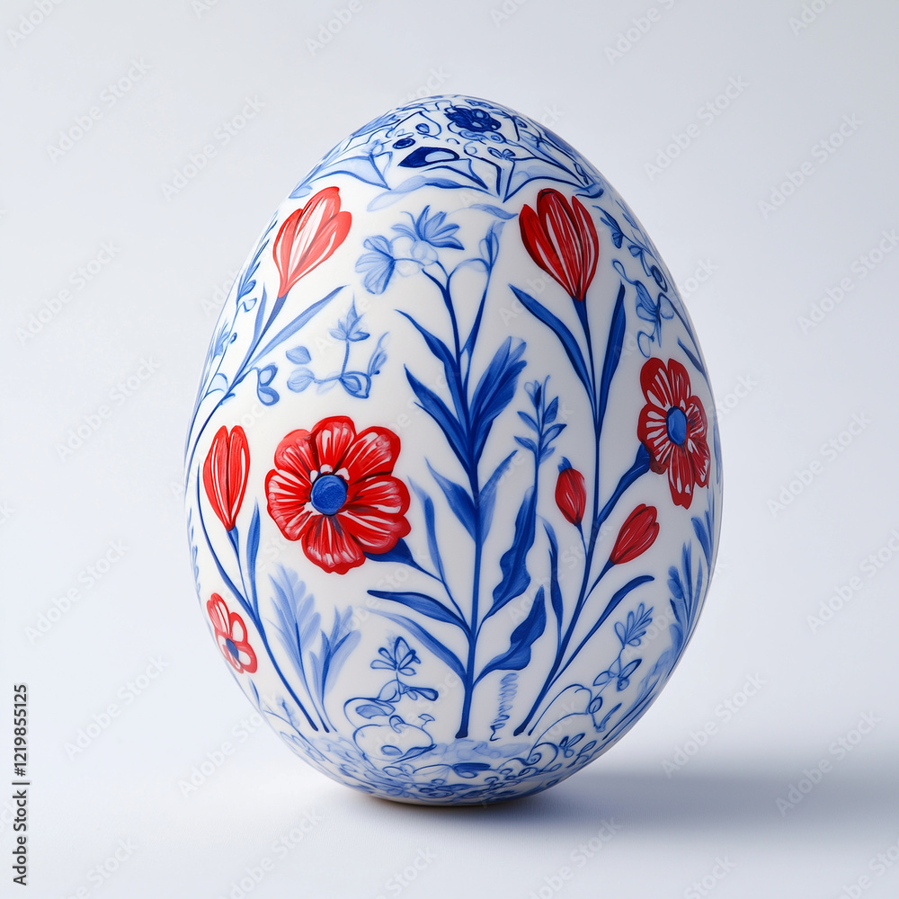 Hand-Painted Turkish Egg with Iznik-Style Floral Motifs in Cobalt Blue, Red, and White. Tulips and Carnations Symbolizing Beauty and Life for Artistic and Cultural Use. High Resolution. Hand-Painted Turkish Egg with Iznik-Style Floral Motifs in Cobalt Blue, Red, and White. Tulips and Carnations Symbolizing Beauty and Life for Artistic and Cultural Use. High Resolution.