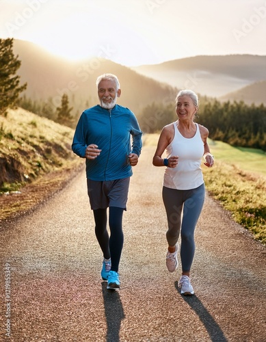 Generated image woman senior man outdoor running couple lifestyle sport smiling together jogging
