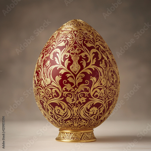 Ornate Balinese-Style Egg with Intricate Gold Carvings on Deep Red Background. Floral and Sacred Geometric Patterns for Luxury and Cultural Projects. High Resolution. photo