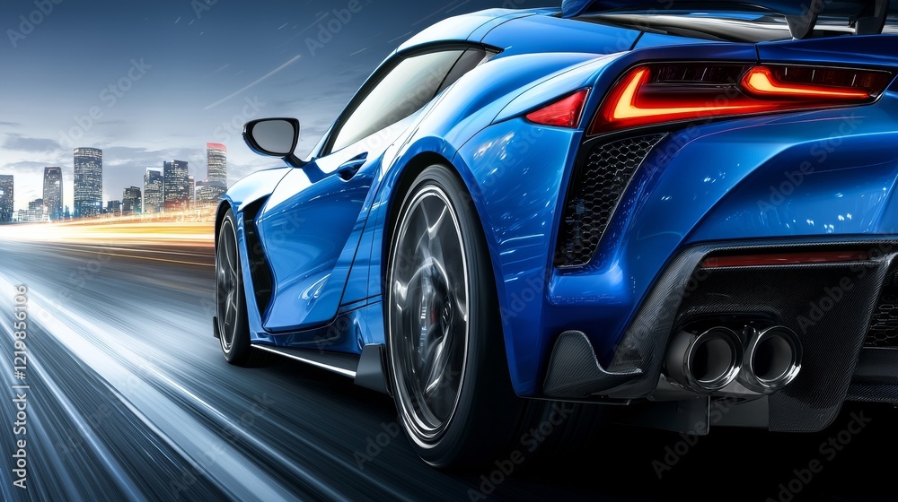Naklejka premium Blue Sports Car Speeding Through City at Night Motion Blur, Rear View, Urban Landscape, Supercar, High Speed Sports Car, Night Drive