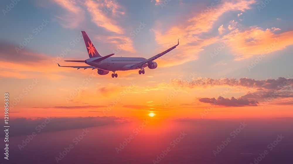 A commercial airplane flying through a vibrant sunset sky. A commercial airplane flying through a vibrant sunset sky.