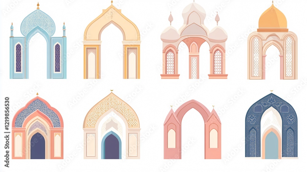 Pastel Arab Mosque Windows with Elegant Arch Shape Pastel Arab Mosque Windows with Elegant Arch Shape
