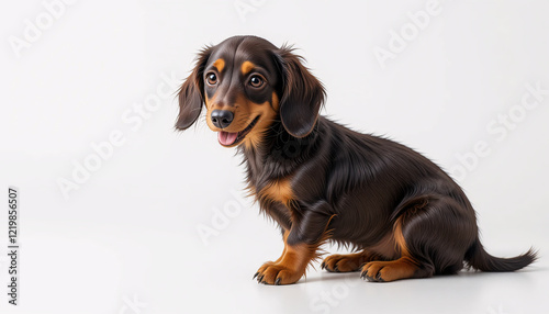 A super realistic full-body image of a happy dachshund puppy sitting down, isolated on a clean background, sleek fur, floppy ears, long body, short legs, portrait, looking at camera, adorable, cute