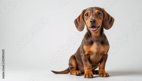 A super realistic full-body image of a happy dachshund puppy sitting down, isolated on a clean background, sleek fur, floppy ears, long body, short legs, portrait, looking at camera, adorable, cute