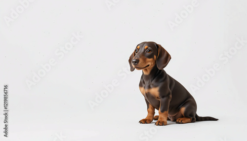 A super realistic full-body image of a happy dachshund puppy sitting down, isolated on a clean background, sleek fur, floppy ears, long body, short legs, portrait, looking at camera, adorable, cute