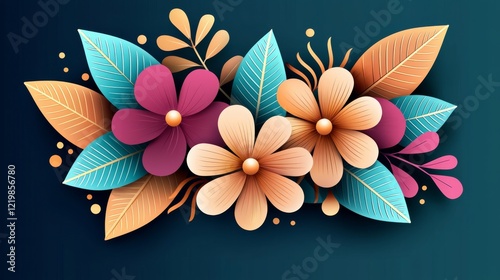 Paper Flowers and Leaves Composition Teal, Orange, Pink Floral Design, Floral Illustration, Paper Art Floral Design, Papercraft