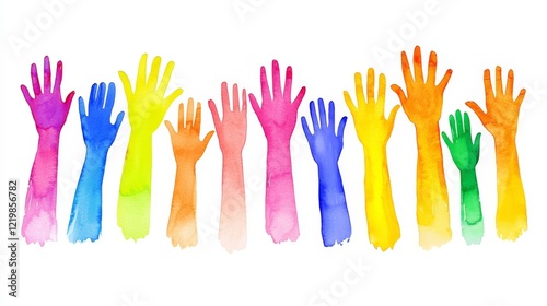 Rainbow Watercolor Hands Unity and Diversity Concept, Watercolor Painting, Multiple Hands, Colorful Arms watercolor painting, unity