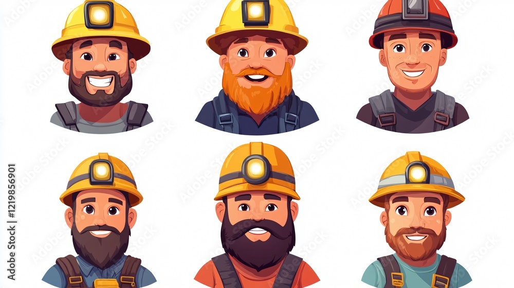 Naklejka premium Unique Safety Helmets Worn by Six Miners with Distinct Beards and Faces