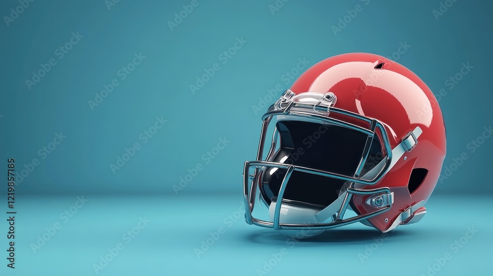 Fototapeta premium Red American football helmet on blue background.
