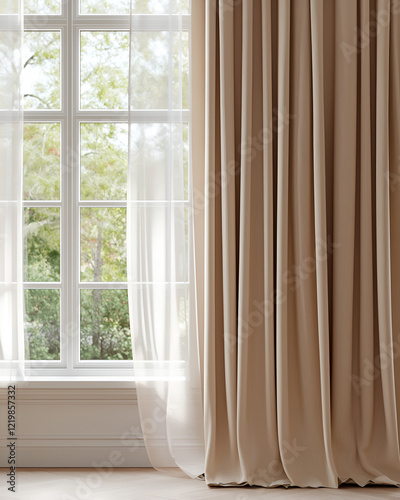Elegant beige curtains drawn beside a bright window, showcasing a tranquil and serene atmosphere.
