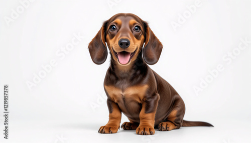 A super realistic full-body image of a happy dachshund puppy sitting down, isolated on a clean background, sleek fur, floppy ears, long body, short legs, portrait, looking at camera, adorable, cute