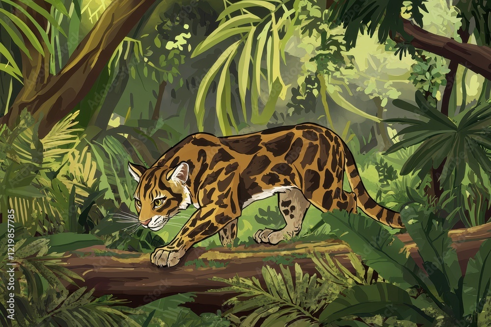 Naklejka premium A clouded leopard stealthily moving through the dense foliage of a Southeast Asian jungle, its eyes keen and alert