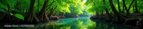 Mangrove forest with green leaves in low oxygen soil background, trees, year round, tropical
