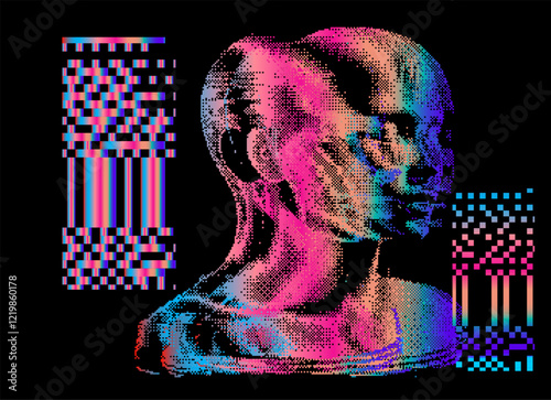 Distorted and disintegrated image of human face made of holographic colorful pixel particles. Retrofuturistic vector illustration for tech and programming themes.