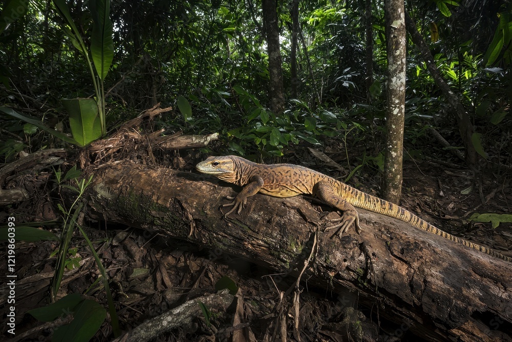 A clouded monitor lizard exploring a fallen tree trunk in the jungles of Borneo, its forked tongue flicking in curiosity A clouded monitor lizard exploring a fallen tree trunk in the jungles of Borneo, its forked tongue flicking in curiosity