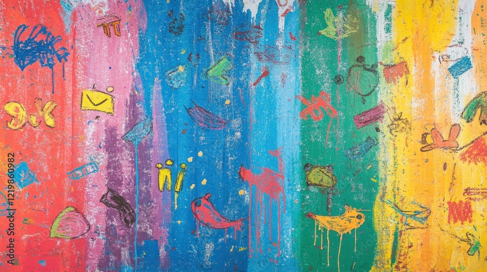 Fototapeta premium Rainbow Wall of Children's Drawings: A Vibrant Tapestry of Imagination