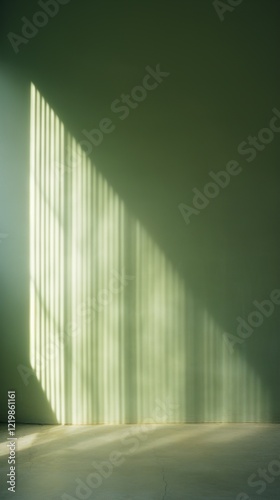Green empty room with sun light from the window and shadows on the wall. Modern realistic home space interior background.