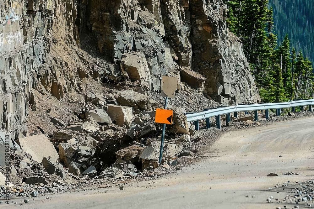 A destructive landslide burying a mountain road, with rocks and debris tumbling down the slope. A destructive landslide burying a mountain road, with rocks and debris tumbling down the slope.