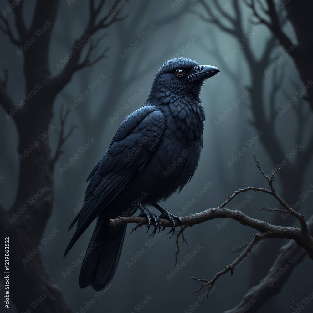 Fototapeta premium Black crow perched on branch in dark forest