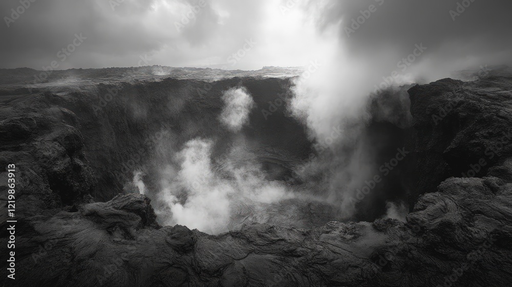 Fototapeta premium Volcanic crater steaming, dark, ominous landscape.