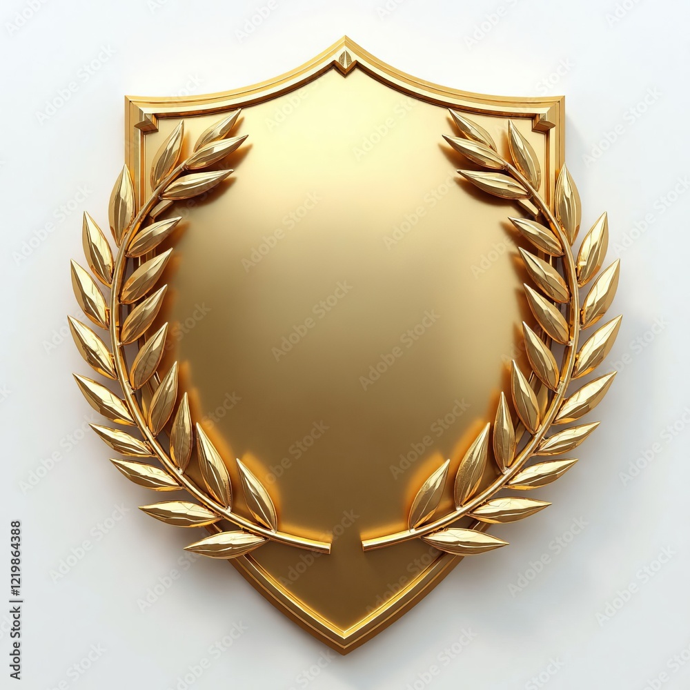 Golden shield with laurel wreath on a white background