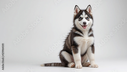 A highly detailed and realistic full-body image of a husky puppy sitting down with its fluffy fur, vibrant blue eyes, and expressive face,  isolated, friendly, joyful, cute, detailed, lifelike, pet