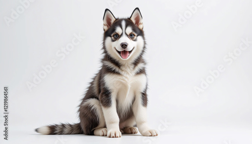 A highly detailed and realistic full-body image of a husky puppy sitting down with its fluffy fur, vibrant blue eyes, and expressive face,  isolated, friendly, joyful, cute, detailed, lifelike, pet