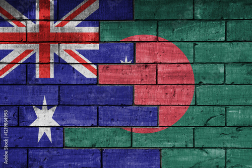 colourful painted big flag of australia and flag of bangladesh on a massive old brick wall background. concept photo