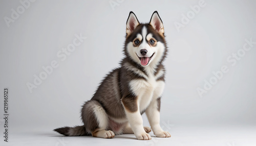 A highly detailed and realistic full-body image of a husky puppy sitting down with its fluffy fur, vibrant blue eyes, and expressive face,  isolated, friendly, joyful, cute, detailed, lifelike, pet