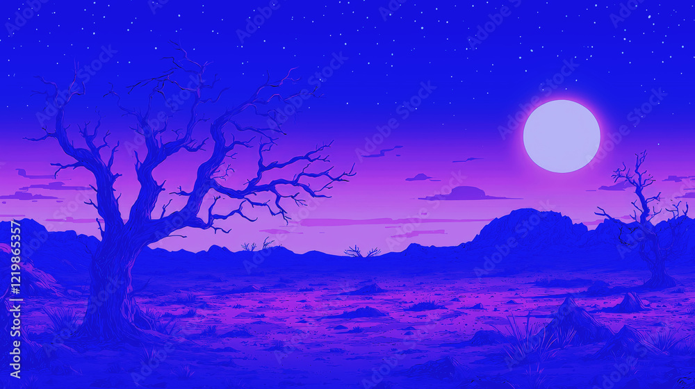 Mesmerizing Purple Desert Night: A Full Moon and Starry Sky Landscape Mesmerizing Purple Desert Night: A Full Moon and Starry Sky Landscape