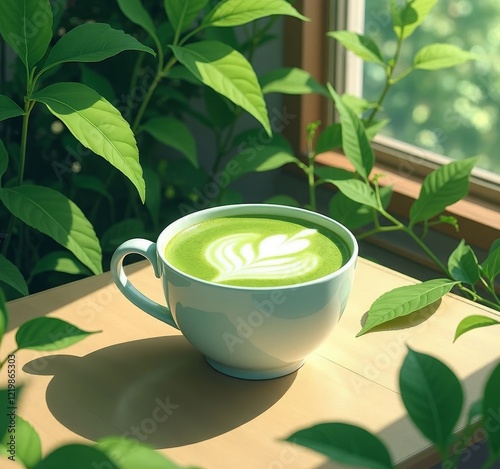 Wallpaper Mural Matcha latte with latte art and green plants on table Torontodigital.ca
