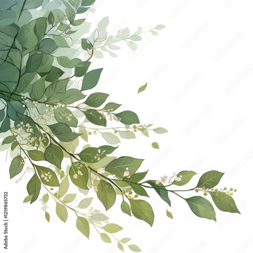 graceful branches with green leaves and small white berries, executed in a watercolor style. graceful branches with green leaves and small white berries, executed in a watercolor style.