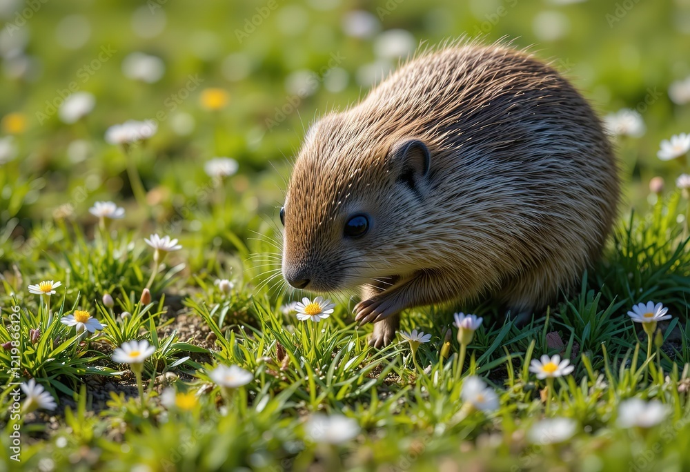 A small hedgehog investigates a meadow of white daisies in the bright sunlight. A small hedgehog investigates a meadow of white daisies in the bright sunlight.