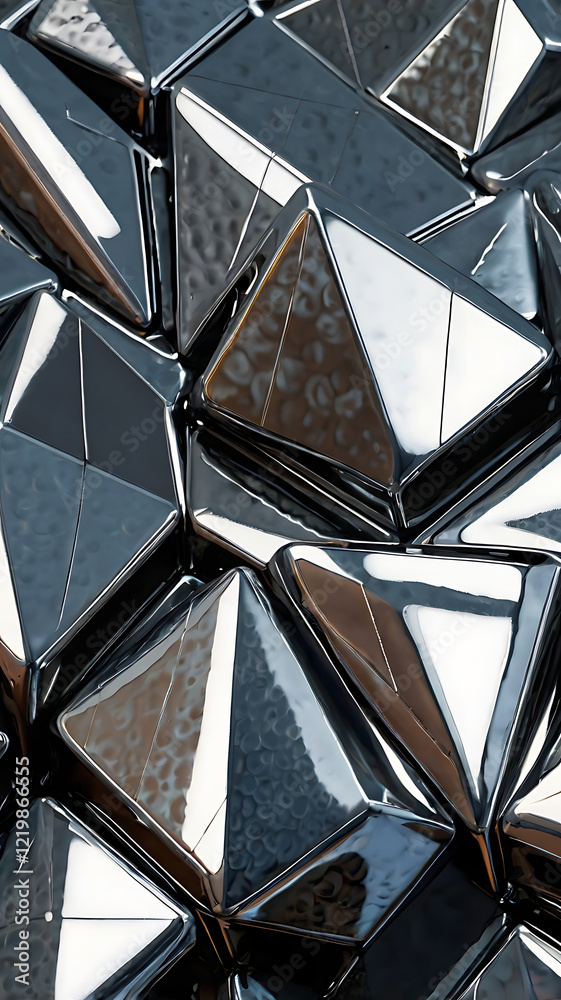 Fototapeta premium A futuristic metallic surface featuring 3D embossed geometric shapes in chrome and steel tones, with soft reflections and a glossy finish.