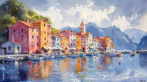 Dynamic watercolor painting a coastal town with colorful houses and a bustling marina