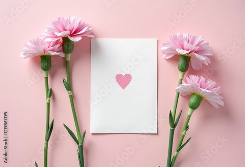 Pink flowers and white card with pink heart on pink background