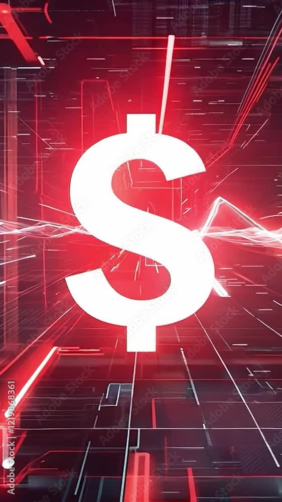 Glowing white dollar sign with a dynamic red futuristic digital background. Finance, technology, and economy concept