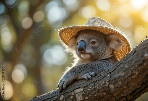 A charming koala rests peacefully on a tree branch wearing a straw hat in a sunlit natural setting.