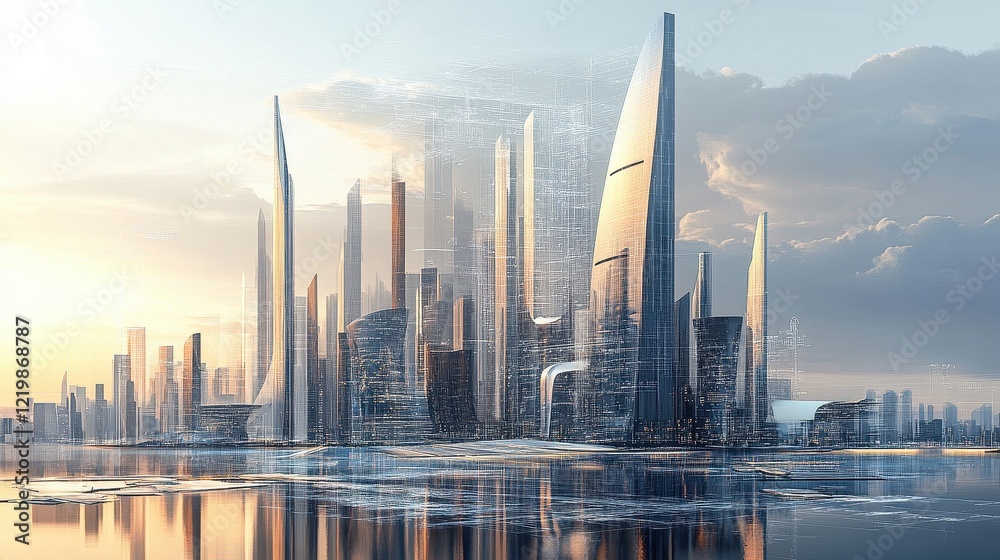 Fototapeta premium Futuristic cityscape with digital overlay of planning blueprints.
