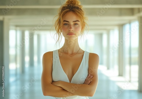Confident businesswoman in modern office with crossed arms and smile showcasing professionalism and pride in career Free Download Confident businesswoman in modern office with crossed arms and smile showcasing professionalism and pride in career - GFXLoad