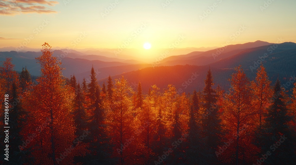 Fototapeta premium Scenic autumn sunset over forested mountains.