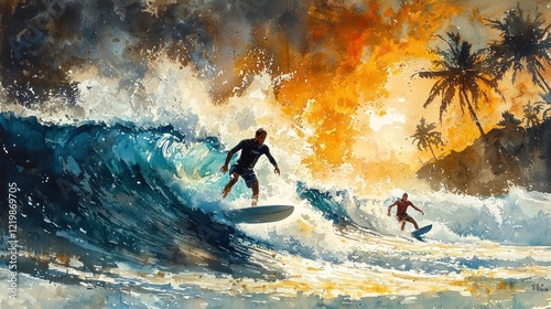 Dynamic watercolor portrayal a summer surf contest with vibrant waves and surfers