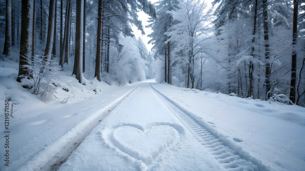 Fototapeta premium Winter forest road with heart-shaped , snow-covered trees, scenic winter landscape.