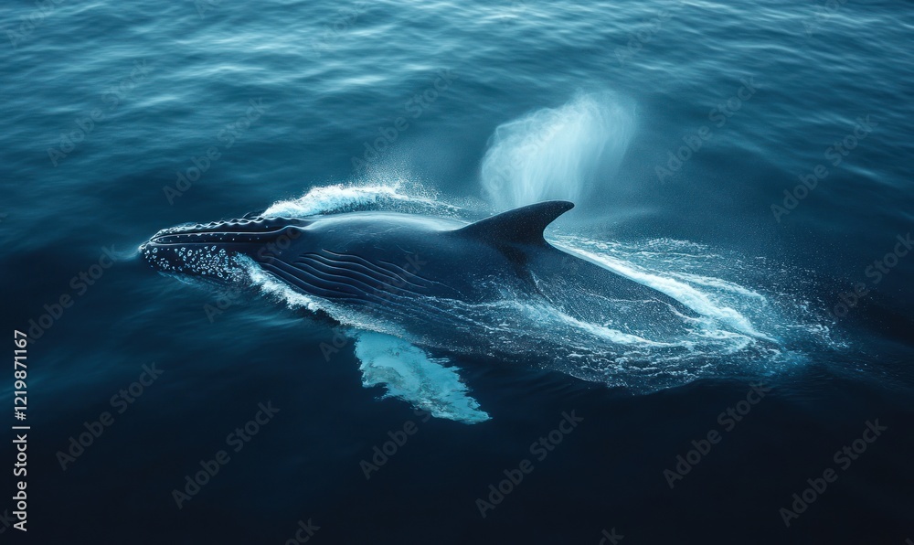 Fototapeta premium Humpback whale surfacing, ocean spray, deep blue.
