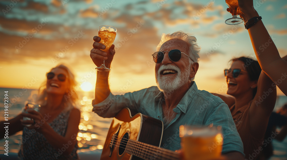 A joyful elderly man plays guitar with friends celebrating at sunset, holding glasses of champagne on a boat.