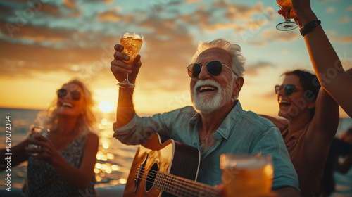 Obraz na płótnie A joyful elderly man plays guitar with friends celebrating at sunset, holding glasses of champagne on a boat. w salonie