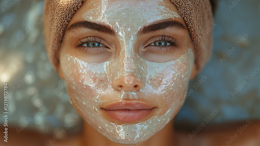 Close-up of a serene woman wearing a hydrating facial mask with a towel wrapped around her head.